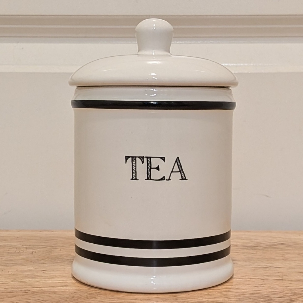 EUC Sears White Ceramic Tea Canister with Black Highlights